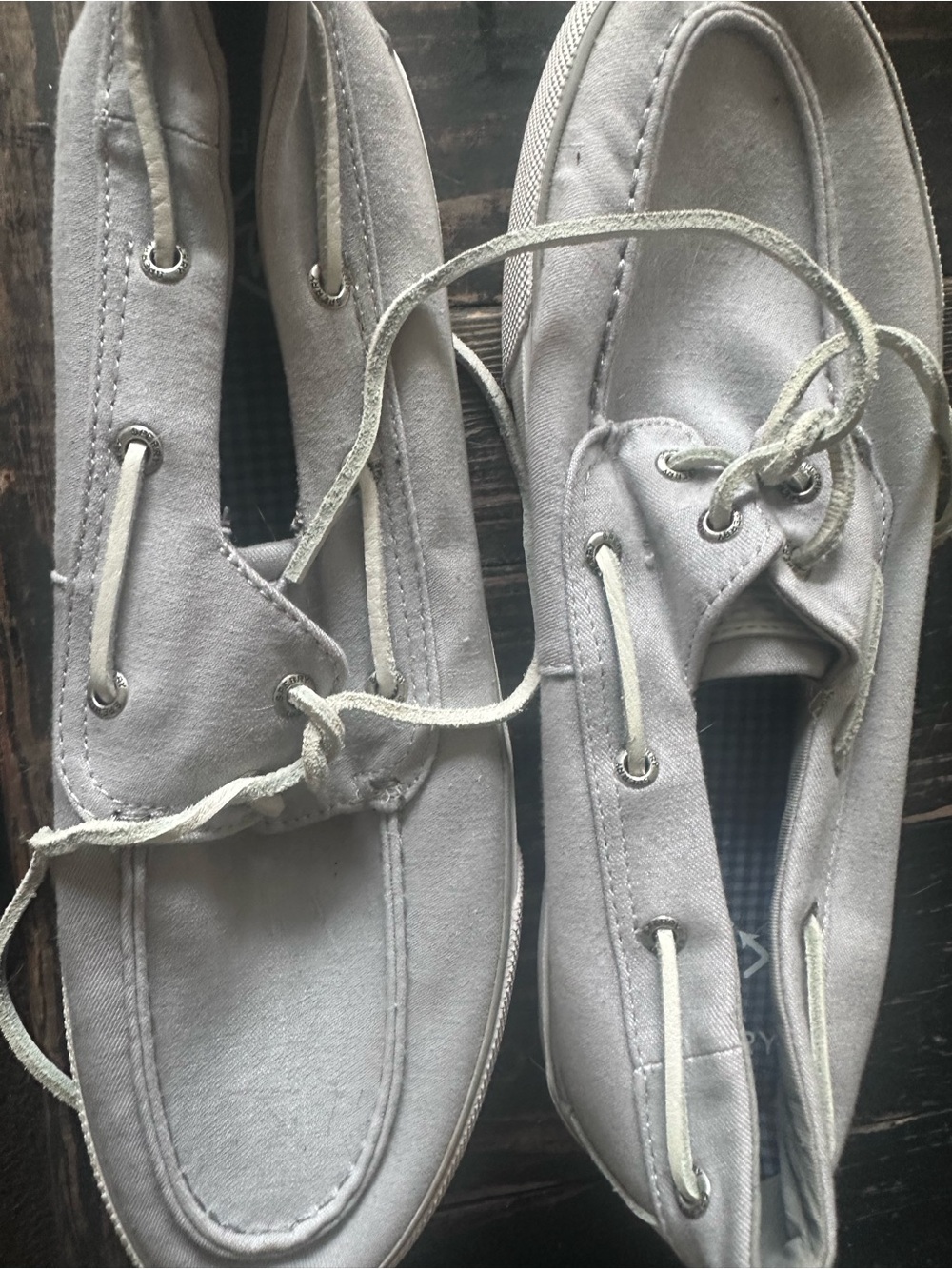 Sperry Light Gray Canvas Boat Shoes with Checkered Insole